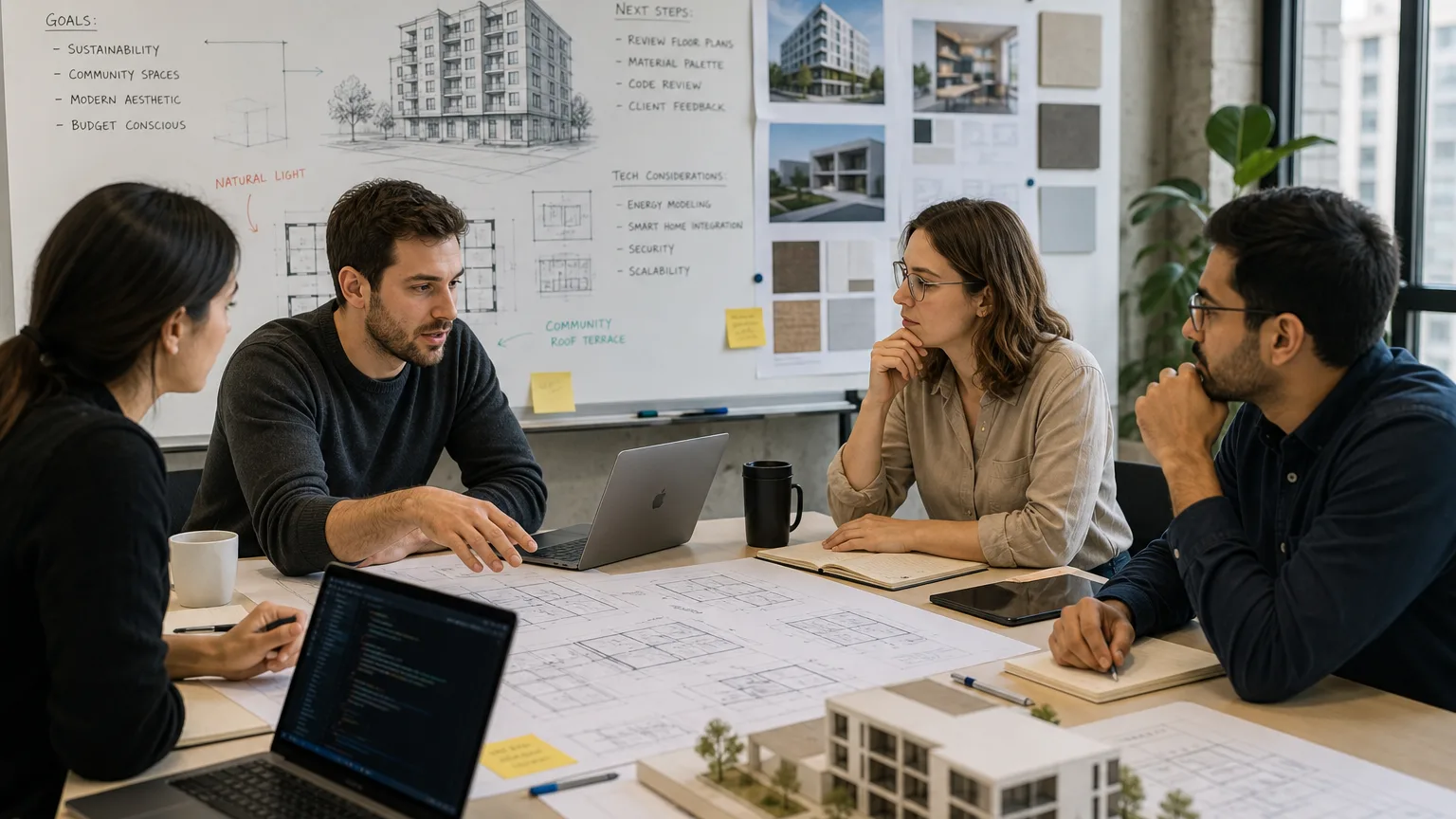 Developers, architects, and engineers collaborating on large-scale building technology plans
