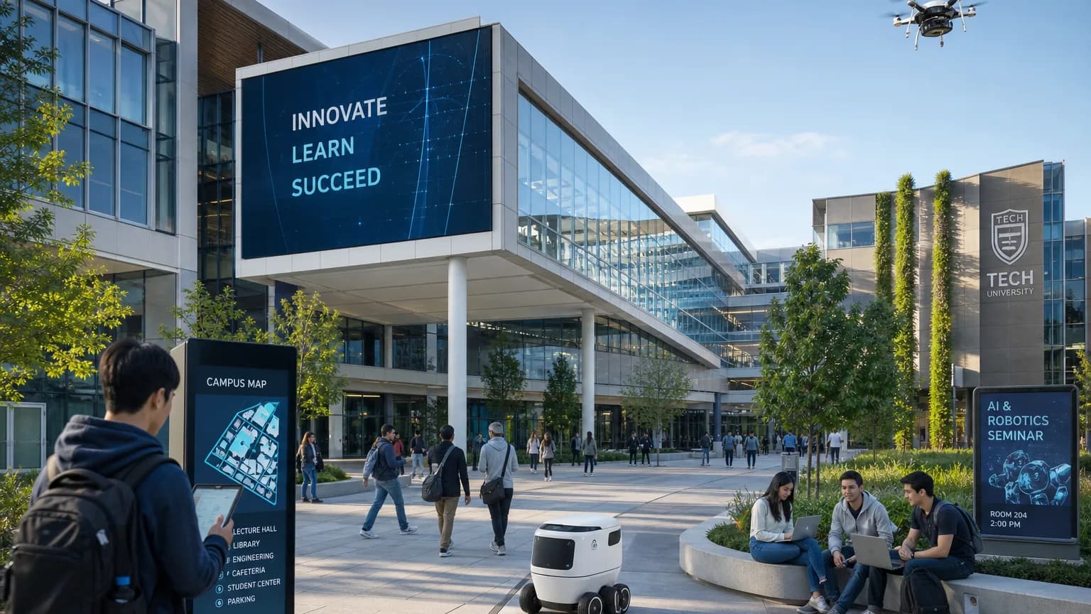 Modern university campus with technology infrastructure and secure access pathways