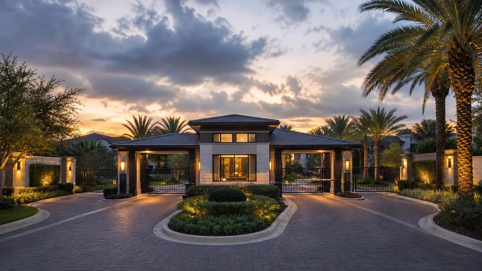 Luxury HOA gated community entrance with contemporary gatehouse and vehicle lanes