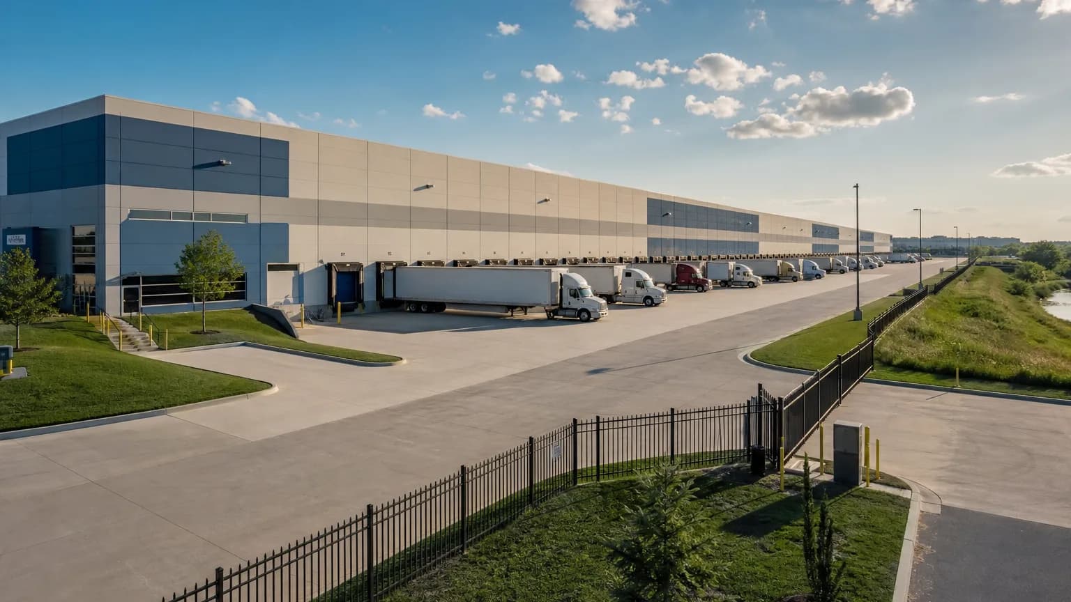 Modern logistics distribution center with truck approach roads and industrial architecture