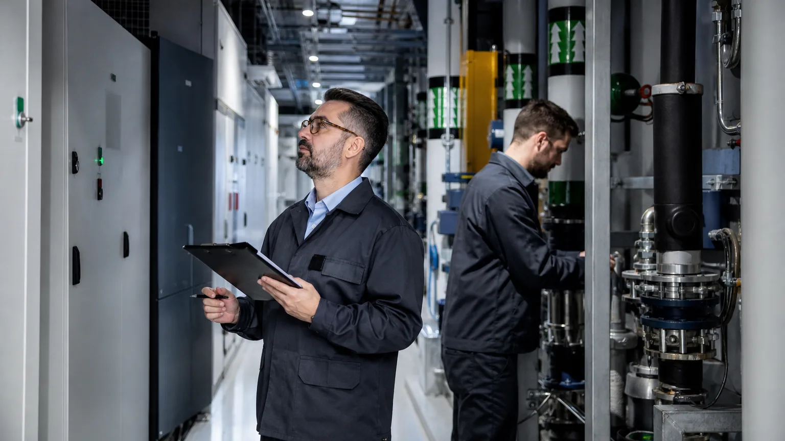 Commercial technicians performing infrastructure maintenance inspection and service planning