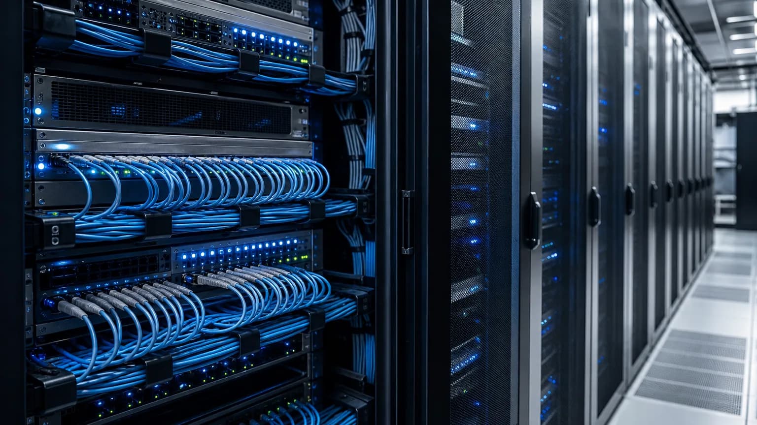 Enterprise network room with fiber optic patching, switches, and server infrastructure
