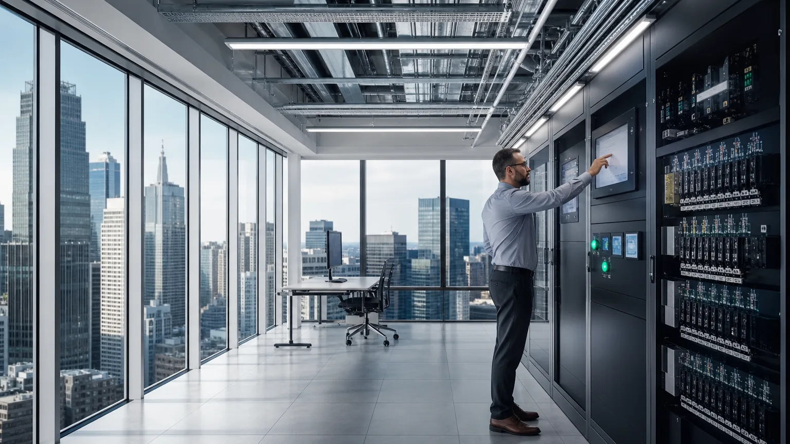 Smart commercial building technology floor with building systems cabinets and organized conduits