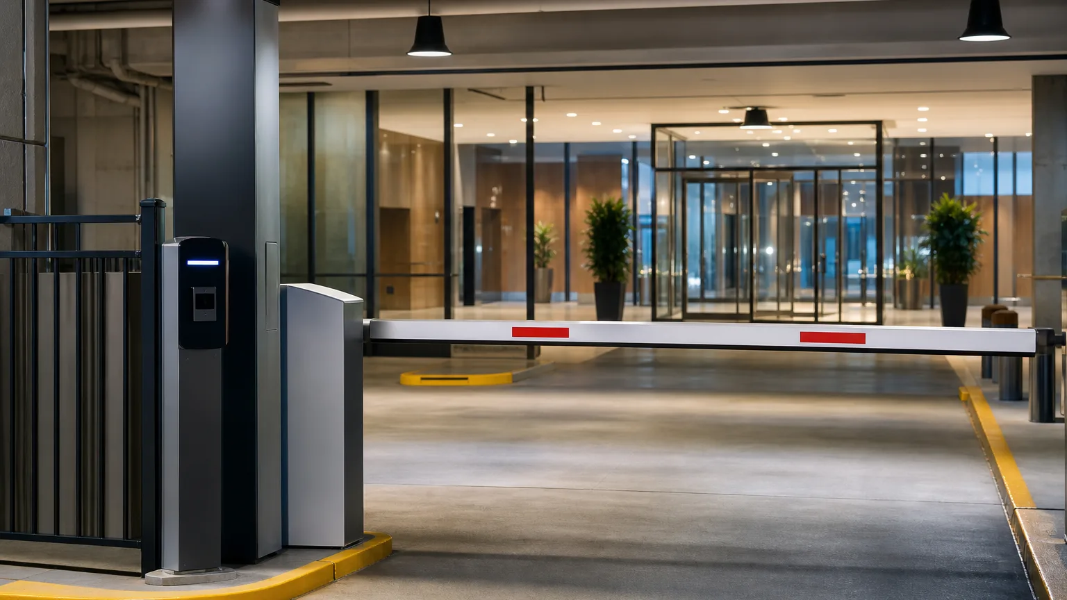 Corporate parking access lane with barrier arm and credential reader at a glass lobby entrance
