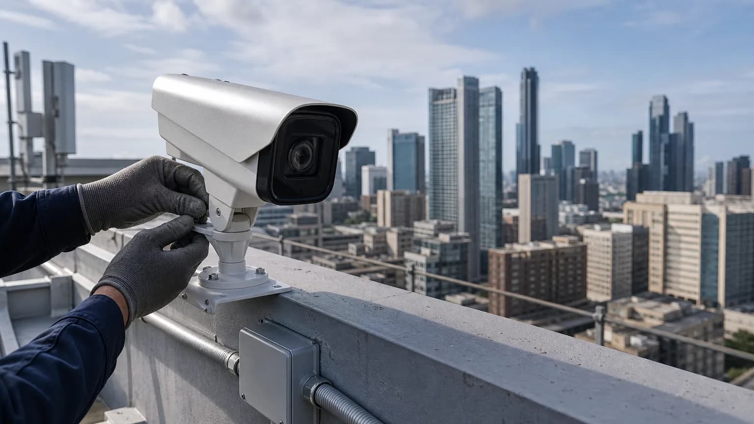 Rooftop commercial AI camera installation overlooking a downtown campus