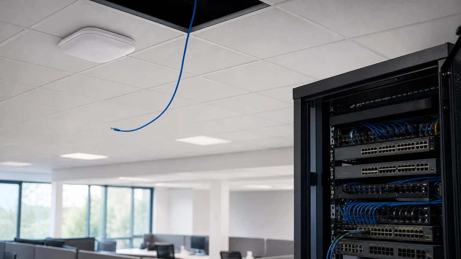 Enterprise Wi-Fi access point installation with open rack switching in a modern office
