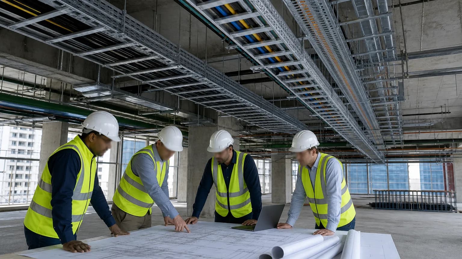 MEP coordination in unfinished commercial construction with overhead pathway trays and cable planning