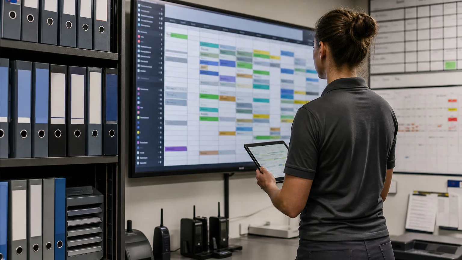 Operations office with digital workboard, tablets, and infrastructure maintenance planning