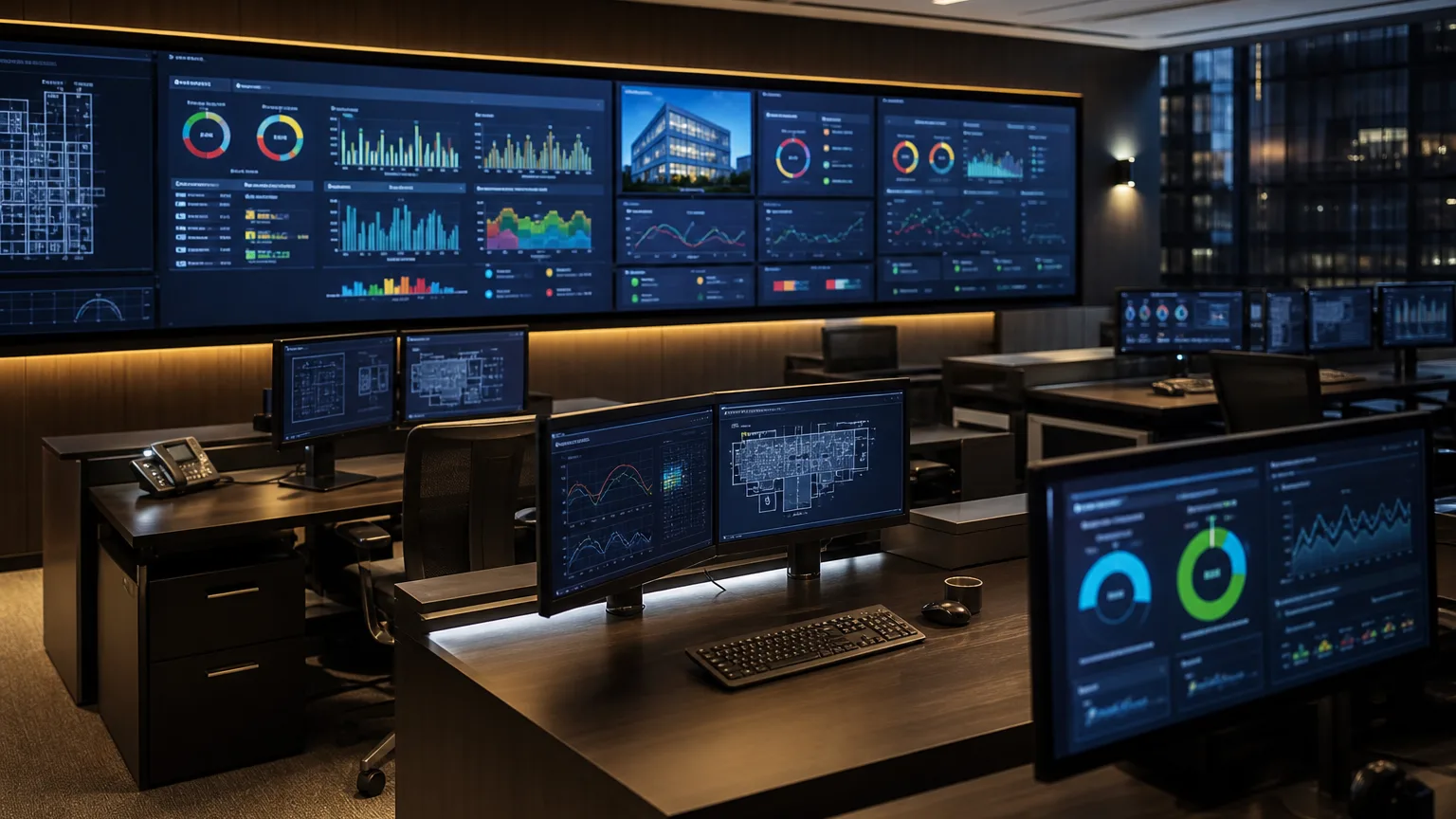 Illustrative infrastructure operations environment. Not a Watchtower facility, and the on-screen panels are not Watchtower OS.