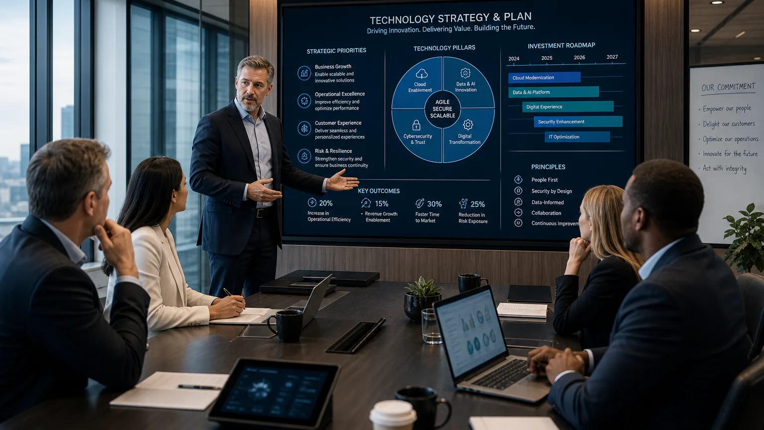 Executive leadership meeting focused on commercial real estate technology planning