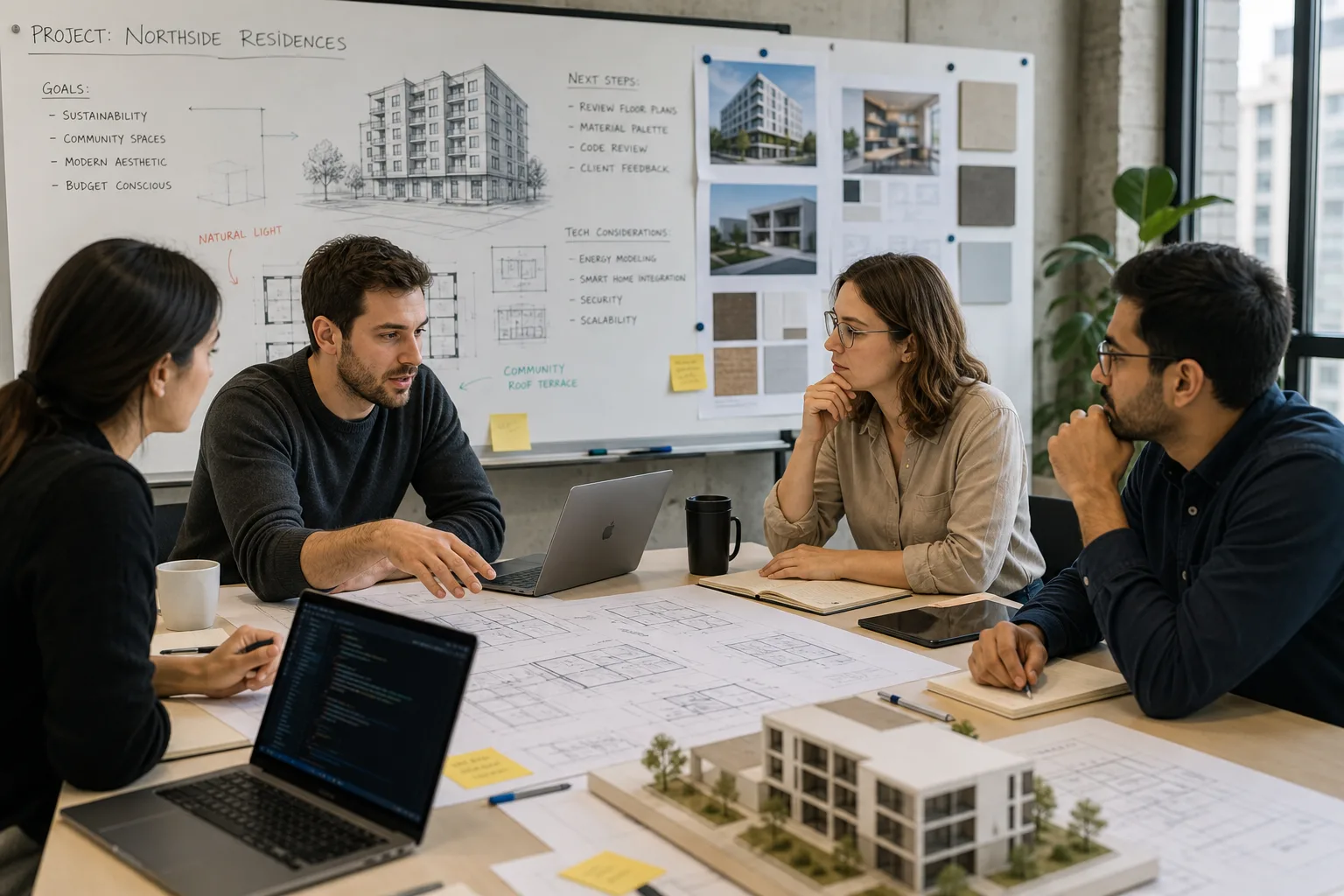 Developers, architects, and engineers collaborating on large-scale building technology plans
