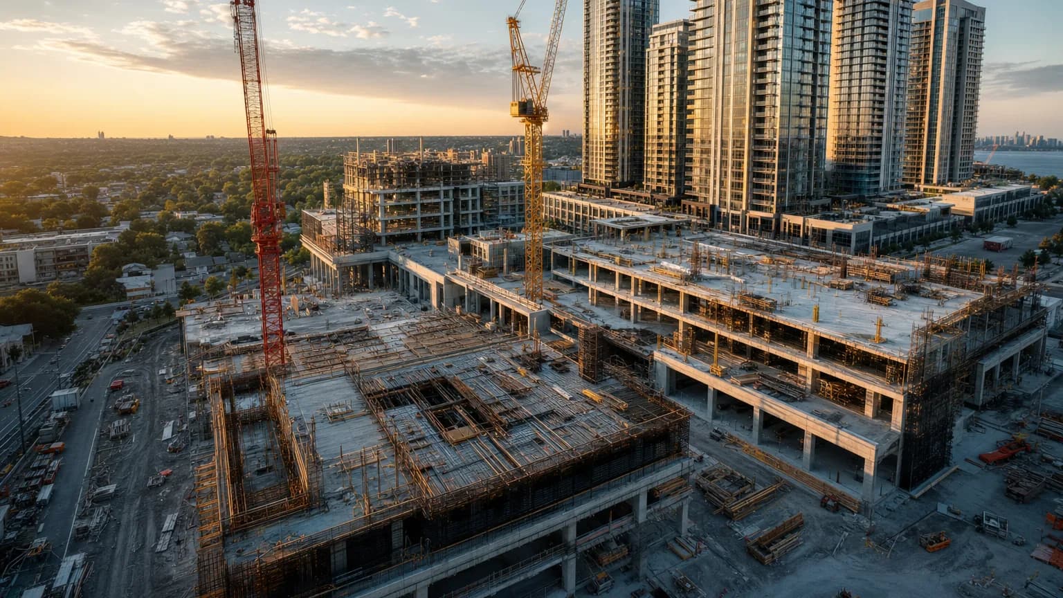 Luxury mixed-use construction site with cranes and technology pathway staging for developer delivery