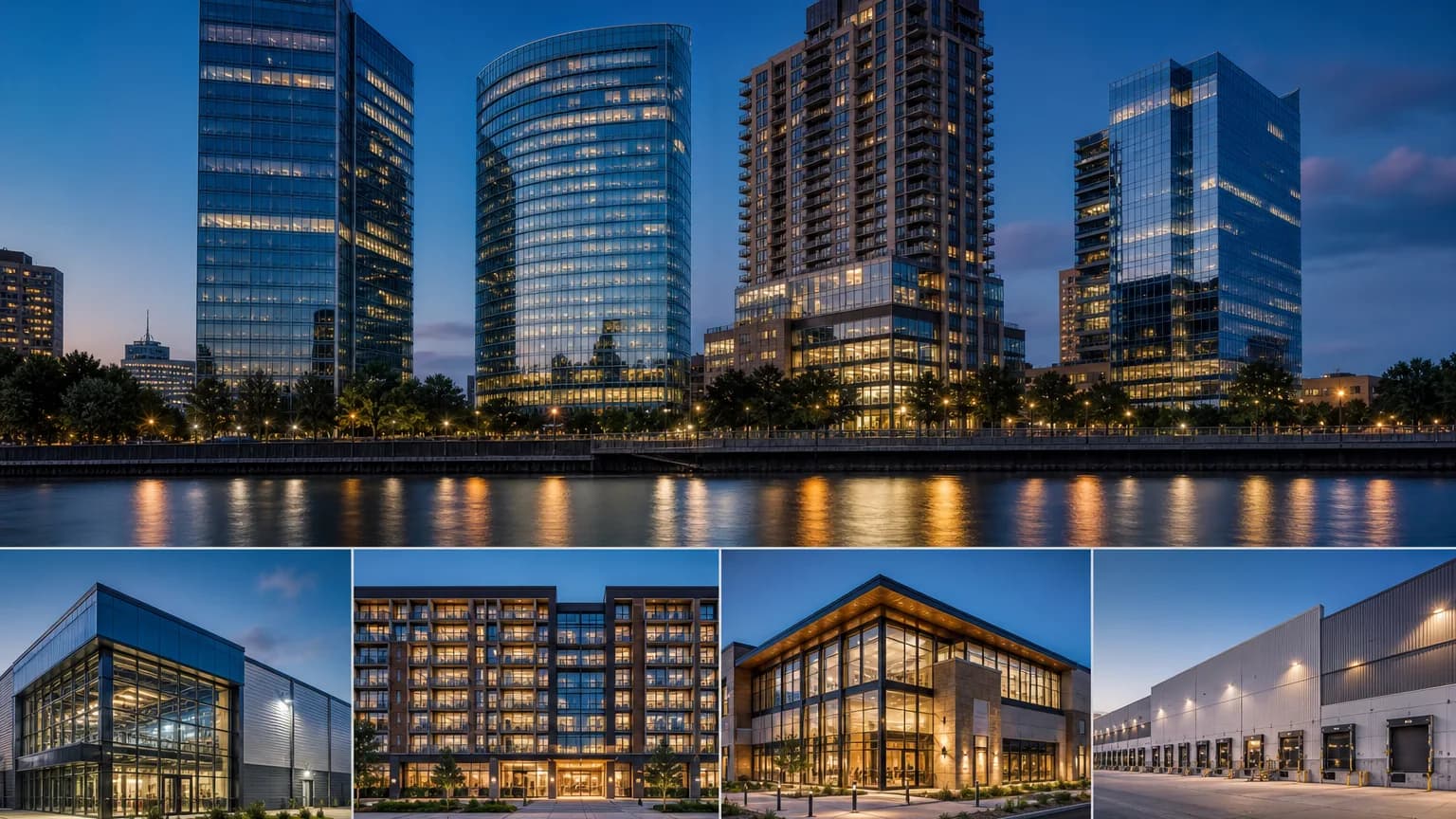 Portfolio of completed commercial properties at twilight representing representative programs
