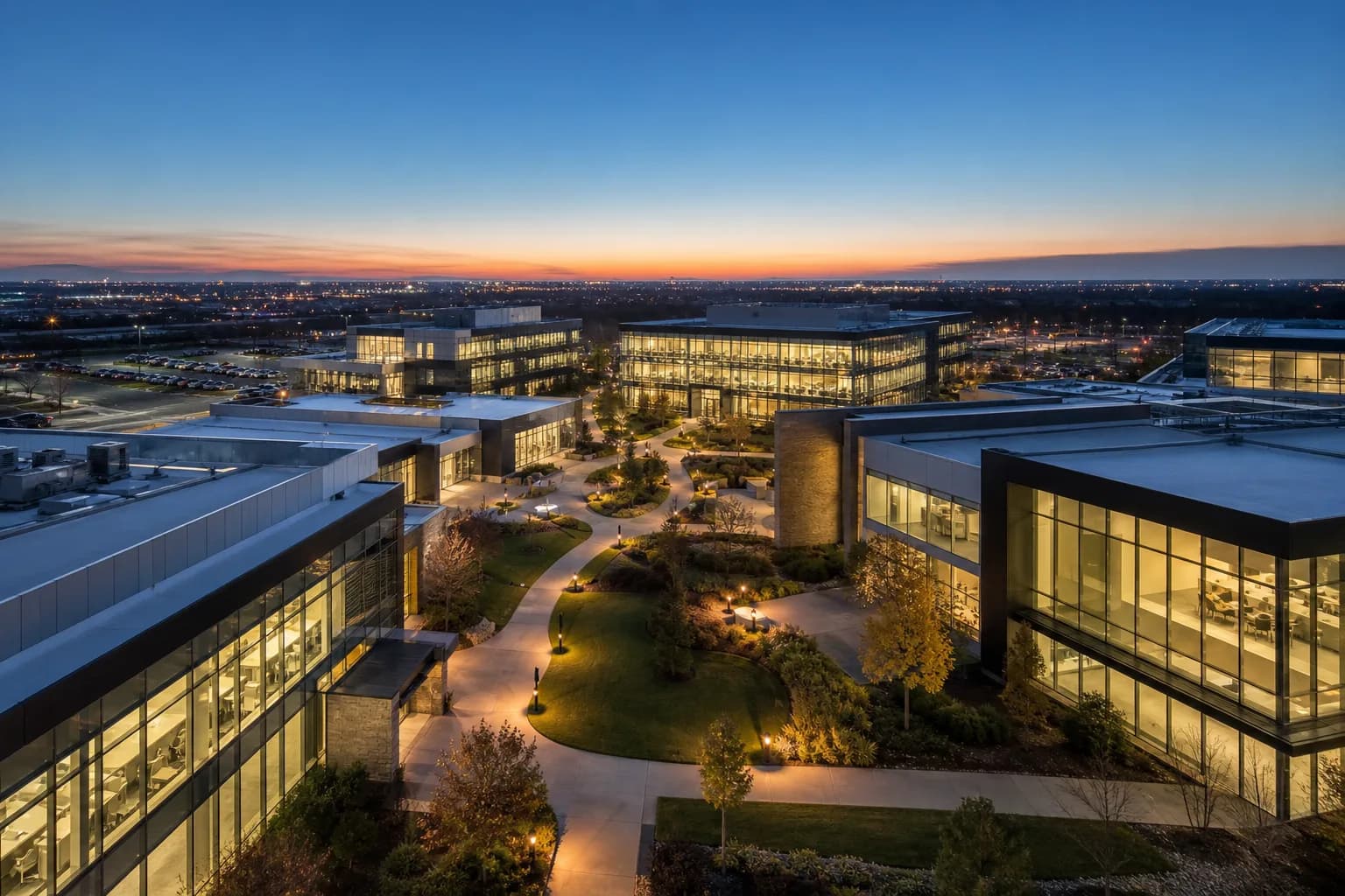 Modern commercial campus representing integrated infrastructure services across connected buildings
