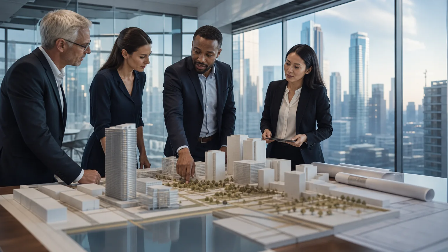 Executive technology planning studio with architectural models overlooking a city skyline