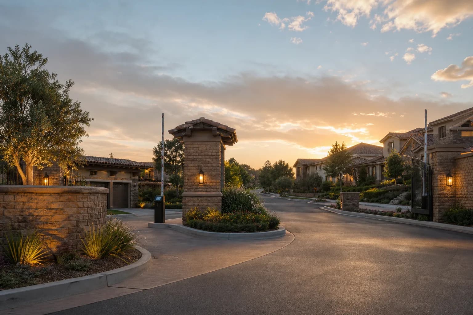 Representative gated community entrance with landscaped vehicle approach and security infrastructure