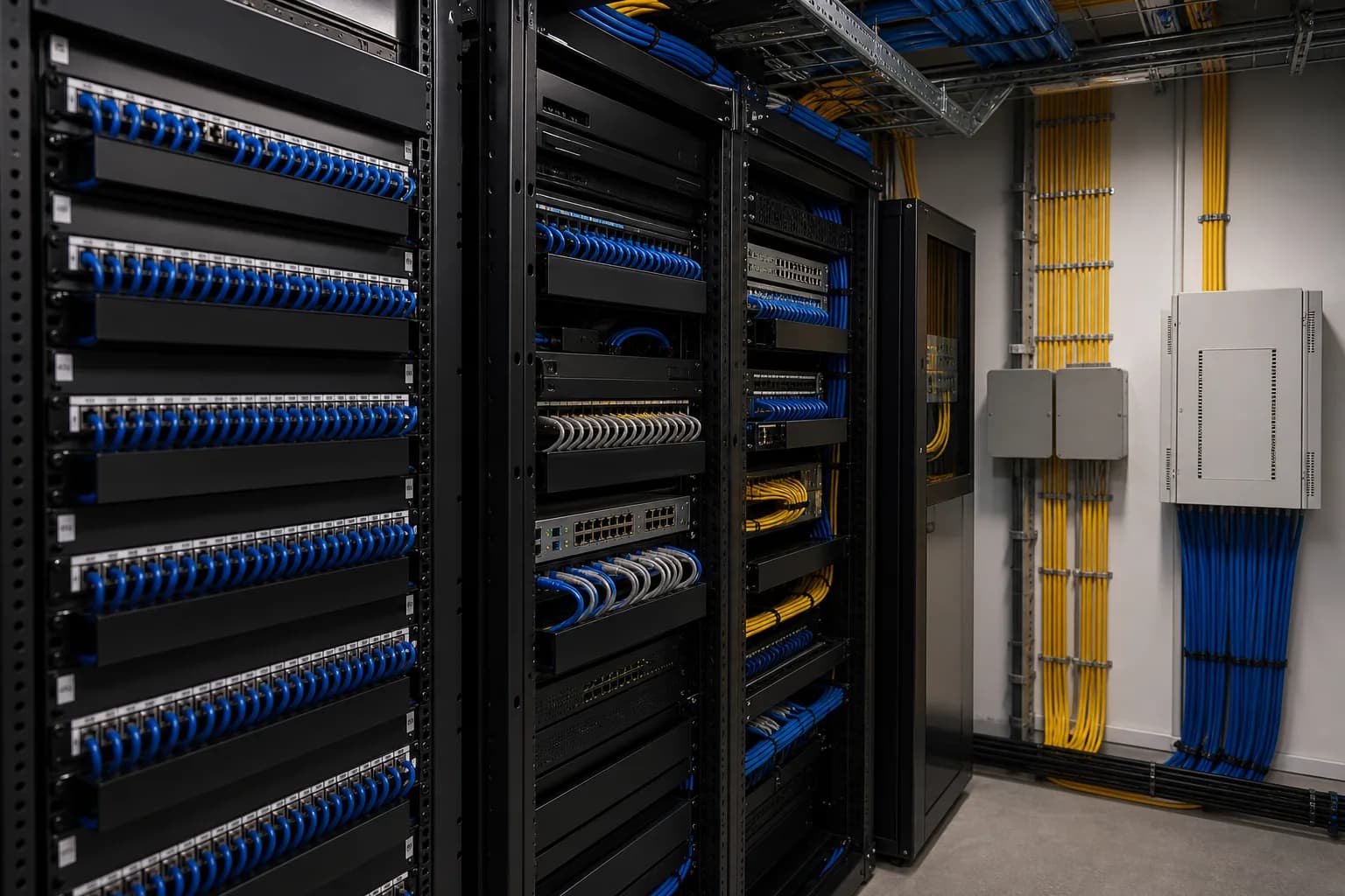 Commercial equipment room with structured cabling, fiber pathways, and enterprise network infrastructure