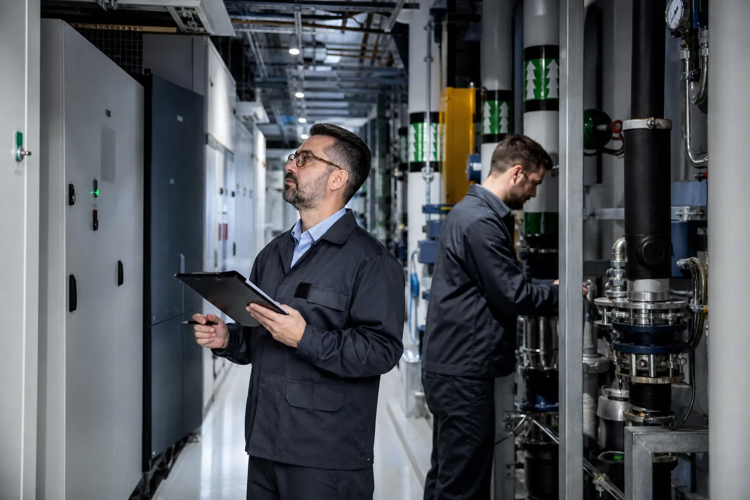 Commercial technicians performing infrastructure maintenance inspection and service planning