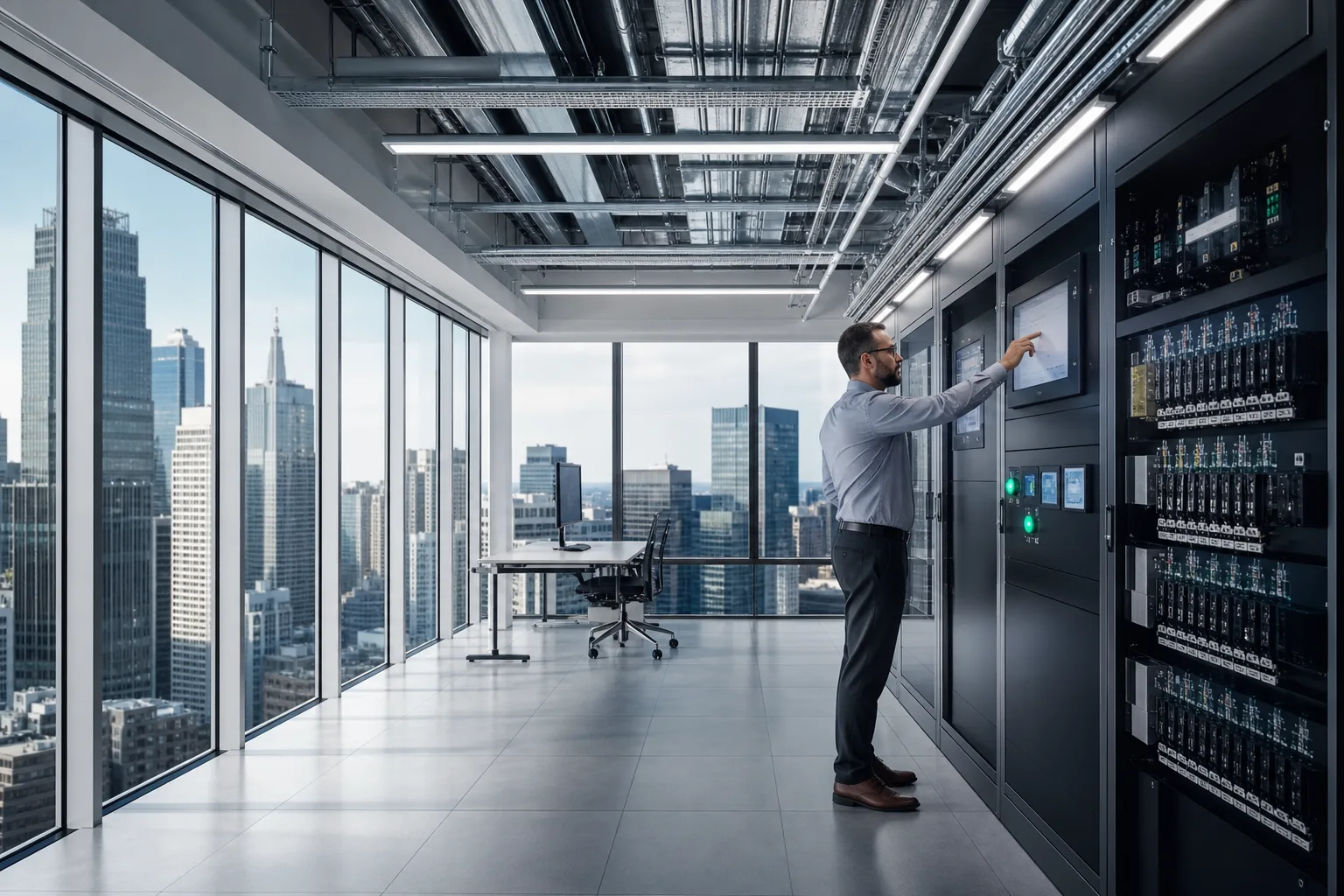 Smart commercial building technology floor with building systems cabinets and organized conduits