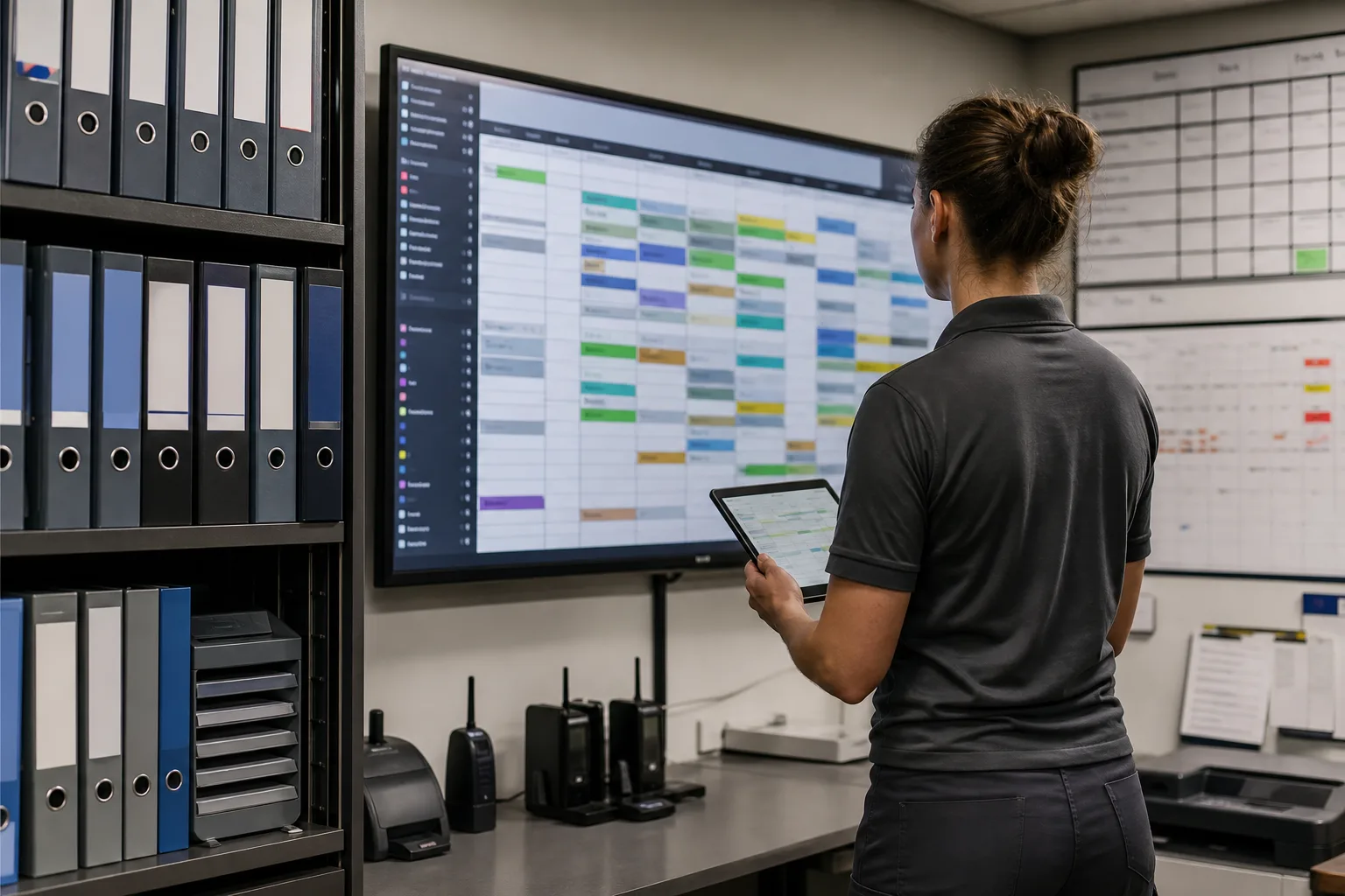 Operations office with digital workboard, tablets, and infrastructure maintenance planning